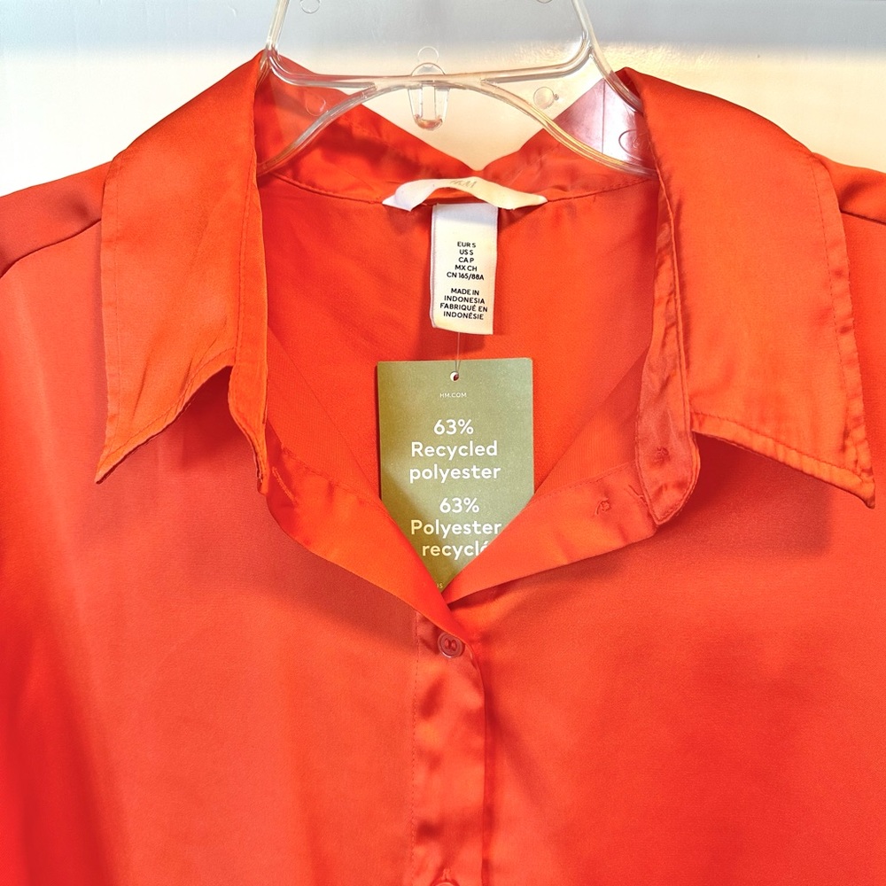 H&M Orange Satin Button Down Shirt Blouse Size Small - Picture 5 of 7